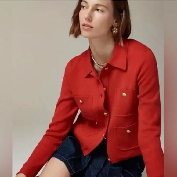 J. CREW Patch-Pocket Sweater Lady Jacket Red Sz M $158 {T33} - Picture 2 of 8